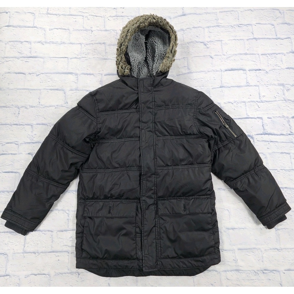 Old Navy Expedition Puffer Jacket YOUTH XL 14-16 Black Sherpa Hood Full Zip